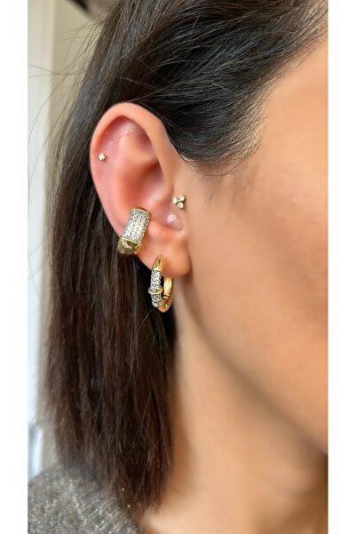 Liora Taşlı Gold Tasarım Halka Küpe