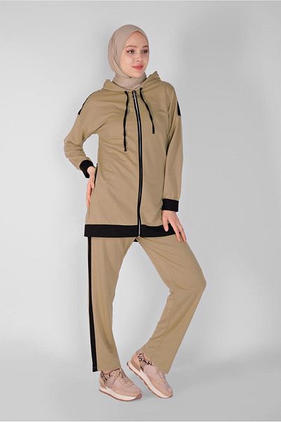 TRENDTESETTÜR Γυναικείο καφέ (CAMEL) Σετ αθλητική φόρμα με παντελόνι με φερμουάρ 5156