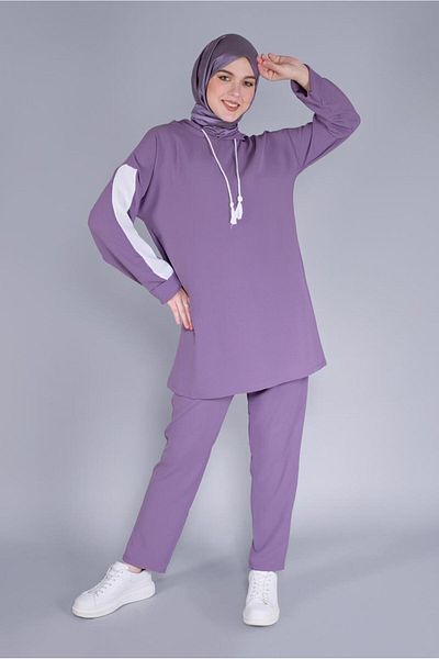 TRENDTESETTÜR Purple Hooded 2-Piece Women's Trousers Set - A.Purple 2766