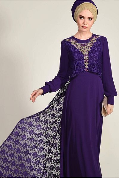 TRENDTESETTÜR Women's Purple Lace Back Evening Dress 5352