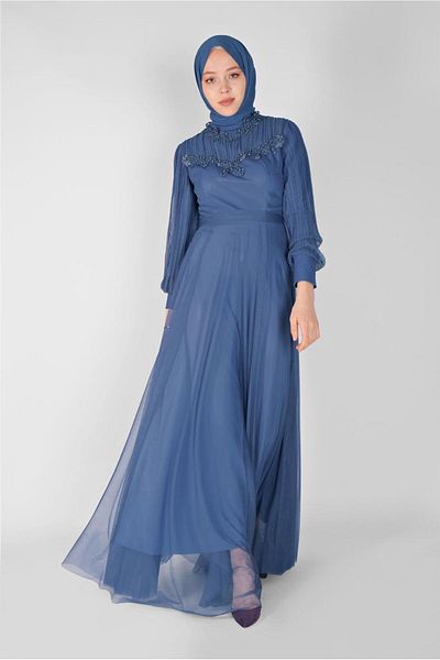 TRENDTESETTÜR Γυναικείο βραδινό φόρεμα Navy Blue Indigo Κεντημένο - 23110