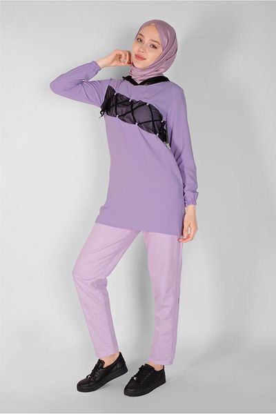 TRENDTESETTÜR Women's Purple (LILA) Mesh and Lace Detailed Tunic 54287