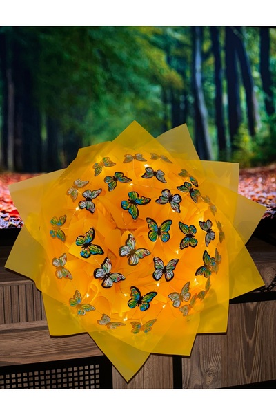 Store Led Işıklı Sarı Kelebekli Çiçek Buketi Sevgililer Günü Doğum Günü Annel...