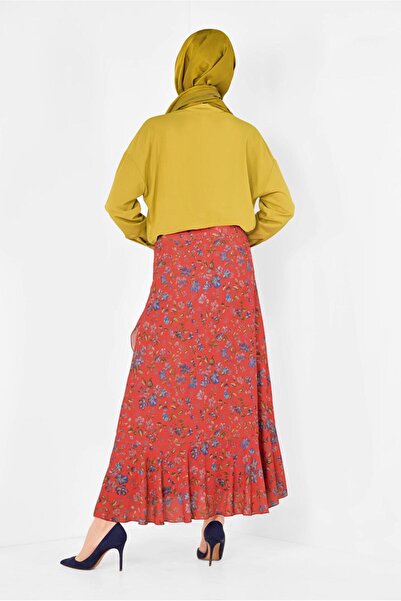 TRENDTESETTÜR Women's Red Floral Patterned Flounce Skirt 6331