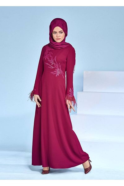 TRENDTESETTÜR Γυναικείο Μωβ (BEGONIA) Κεντημένο βραδινό φόρεμα με φούντες μανίκια 5359