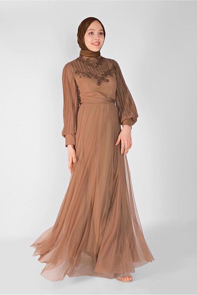 TRENDTESETTÜR Βραδινό φόρεμα με κέντημα με καφέ χρώμα - K.CAMEL 23110
