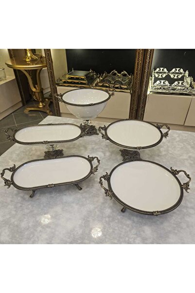 MaviDamla 10 Pieces Porcelain Presentation Set Antique with Handle Casted Edge Framed Foot