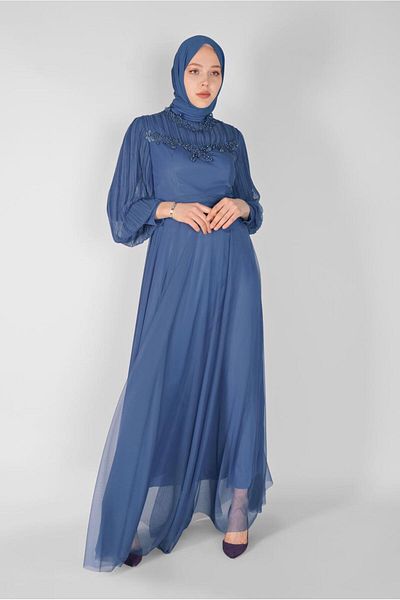 TRENDTESETTÜR Γυναικείο βραδινό φόρεμα Navy Blue Indigo Κεντημένο - 23110