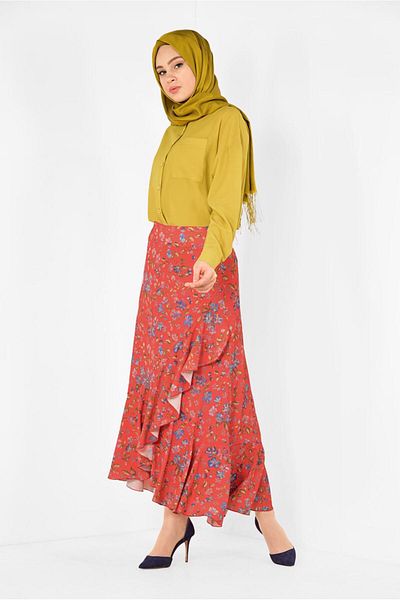 TRENDTESETTÜR Women's Red Floral Patterned Flounce Skirt 6331