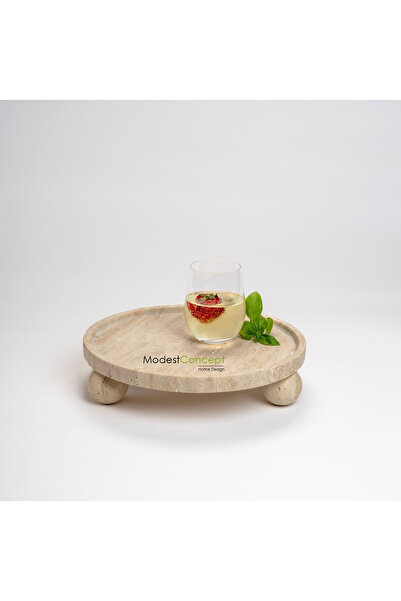 Modestmar Traverten Yuvarlak Tepsi, Traverten Yuvarlak Sunum Mermer Top Ayakl...