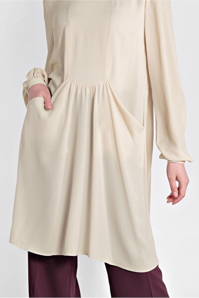 TRENDTESETTÜR Women's Ecru (VANILLA) Pocketed Crew Neck Tunic 4240