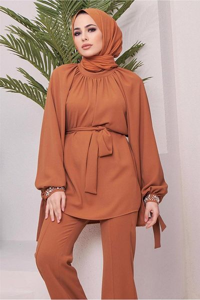 TRENDTESETTÜR Γυναικείο Παντελόνι Καφέ (ΚΑΡΑΜΕΛΑ) Μανσέτες Πέτρα Κεντημένη Μέση Ζώνη. Ο ομιλίας 11051