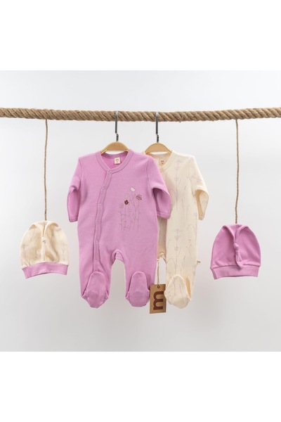 Butik 2’li Şapkalı Yenidoğan Tulum Seti - Lila ve Krem Lale Desenli Bebek Kıy...