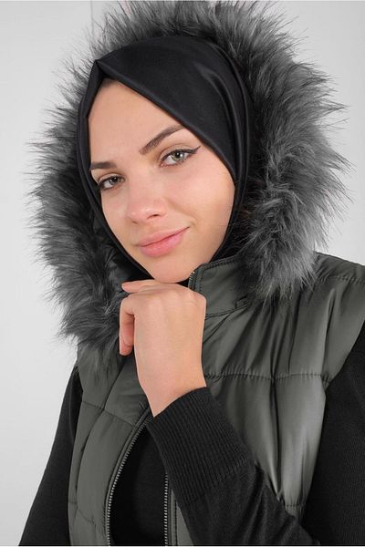 TRENDTESETTÜR سترة منتفخة بغطاء للرأس بحزام رمادي (مدخن) للسيدات 90121