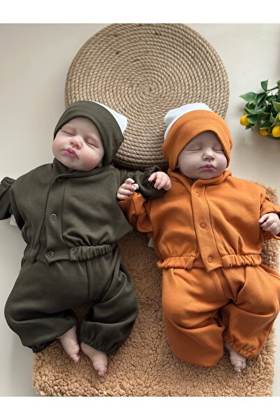 2pcs Jacket Pants Beanie Set (3 Pieces) / Khaki & Cinnamon
