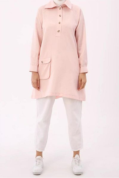 TRENDTESETTÜR Women's Pink Polo Collar Buttoned Pocket Detailed Tunic 12005