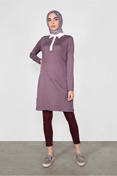 TRENDTESETTÜR Purple Polo Collar Patterned Women's Knitwear Tunic 41016