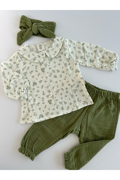 KUENS KuensKids Kız Bebek 2'li Müslin Takım Bandana ve Çıtçıt Detaylı Yeşil R...