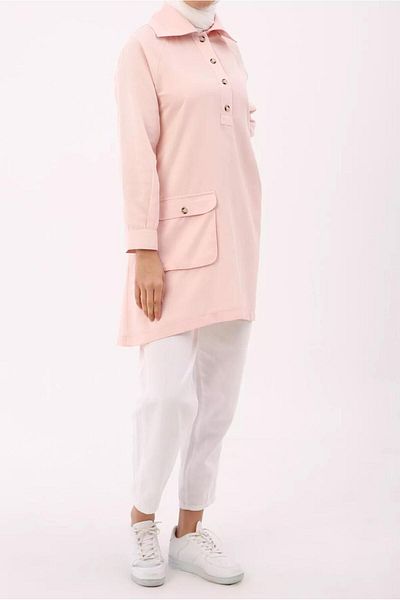 TRENDTESETTÜR Women's Pink Polo Collar Buttoned Pocket Detailed Tunic 12005