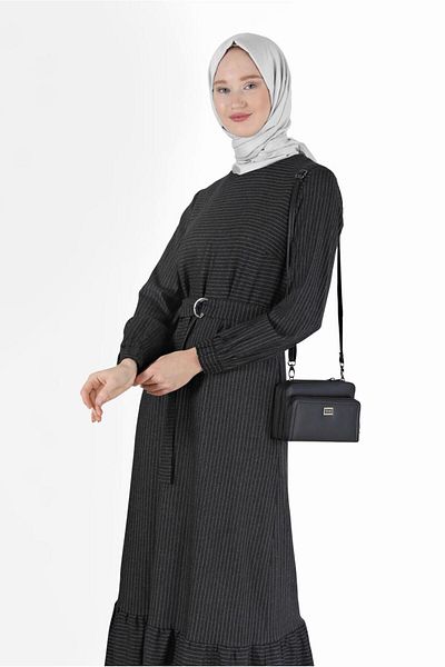 TRENDTESETTÜR Γυναικείο Μαύρο Ζώνη Λεπτομερές Ριγέ Φόρεμα 40271