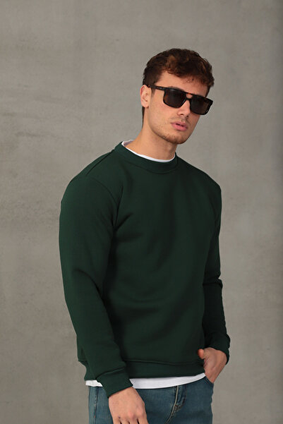 COTTONLAB Unisex Relax Fit Rahat Kesim Pamuklu Yumuşak Dokulu İçi Polarlı Basic Yeşil Bisiklet Yaka Sweatshirt