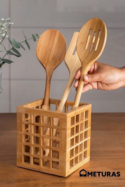Meturas Organizator de Bucătărie Pătrat Bambus - Design Modern, Suport Pătrat pentru Linguri, Cutie Decorativă 13*13*15 Cm