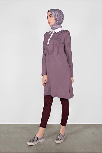 TRENDTESETTÜR Purple Polo Collar Patterned Women's Knitwear Tunic 41016