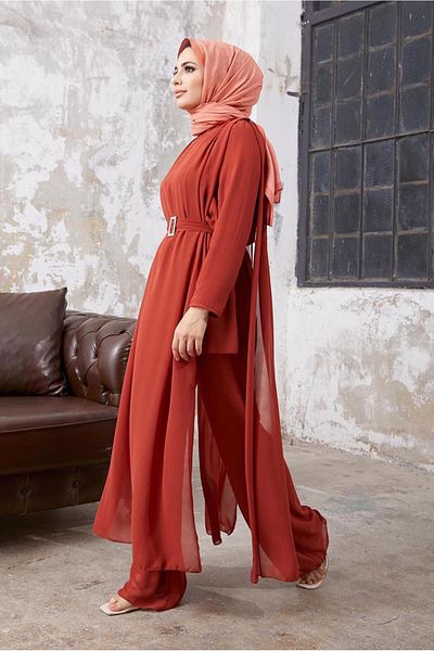 TRENDTESETTÜR Costum cu pantaloni dubli cu curea, din șifon, din tul, maro (TILE) 9610