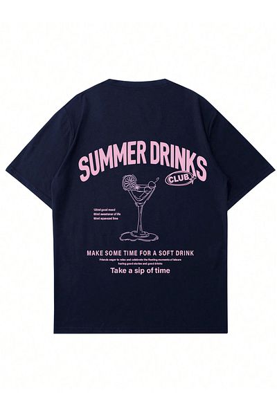 Mad&Calf Women's Summer Drinks Printed Crew Neck Oversize Tshirt