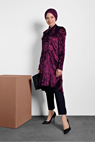 TRENDTESETTÜR Women's Plum Skirt Tip Flounced Collar Tied Tunic 40387