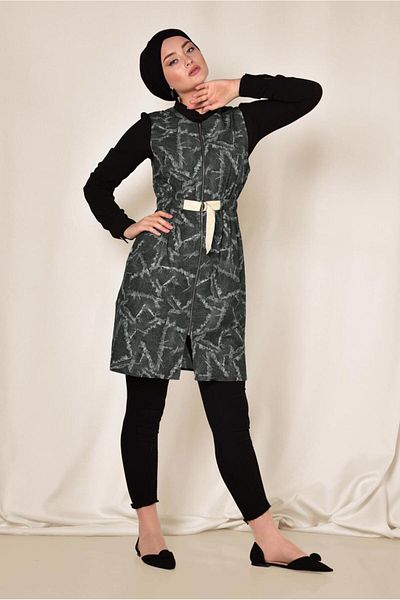 TRENDTESETTÜR Women's Gray Gathered Waist Patterned Vest 4981