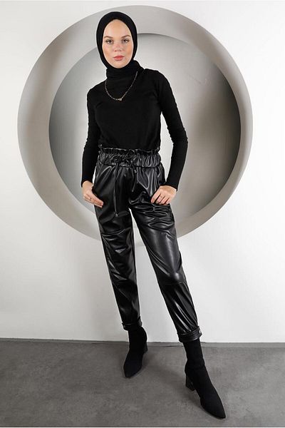 TRENDTESETTÜR Women's Black Elastic Waist and Leg Leather Trousers 8320