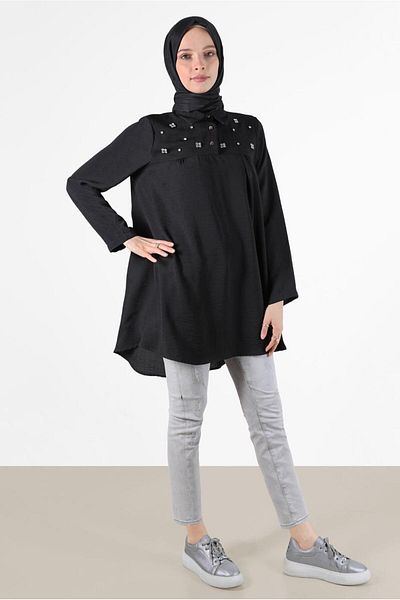 TRENDTESETTÜR Women's Black Stone Detailed Men's Collar Tunic 7381