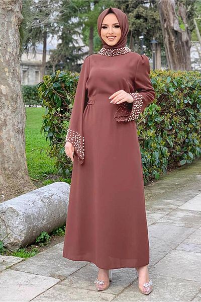 TRENDTESETTÜR Γυναικείο ροζ (GÜLKURUSU) φόρεμα με λαιμόκοψη και μανσέτες με λεπτομέρεια μαργαριταριών T 2563