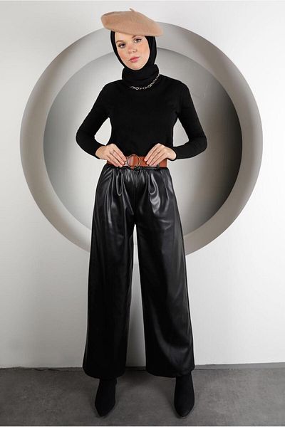 TRENDTESETTÜR Women's Black Belted Leather Trousers 6320