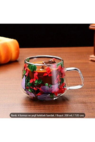 CUPPERA Isıya Dayanıklı Çift Cidarlı Kelebekli Kurutulmuş Canlı Çiçekli Kupa