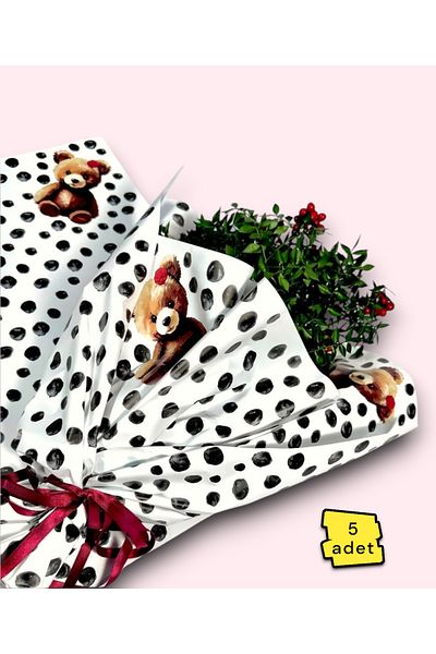 COLORPAK 55X55Cm Flower Bouquet Packing - Black Polka Dot with Teddy Bear Pattern, White Opp (5Pcs)