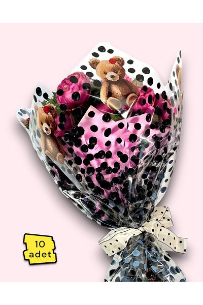 COLORPAK Flower Bouquet Wrapping Paper Gelatin (Black Polka Dot with Teddy Bear Pattern) Clear Opp 55X55Cm (10Pcs)