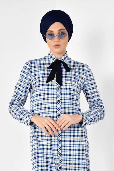 TRENDTESETTÜR Tunica albastra cu guler cu siret cu model in carouri 4912