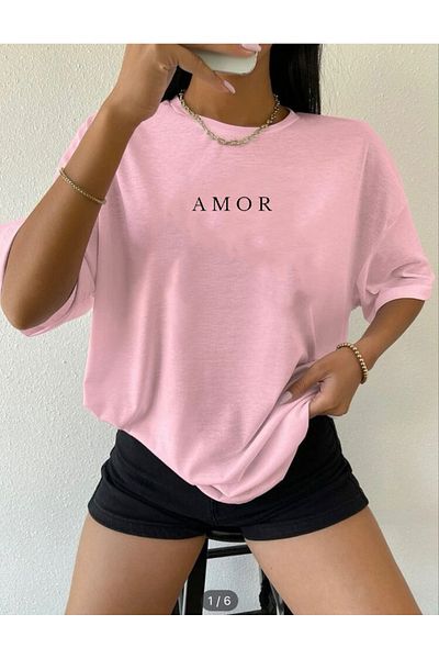 SUPER POZE Μπλουζάκι με στάμπα AMOR Καλοκαιρινό βαμβακερό ύφασμα Oversize Fit