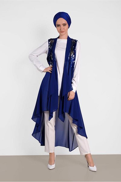 TRENDTESETTÜR Navy Blue Saks-Silver Sequined Women's Vest - t 4283