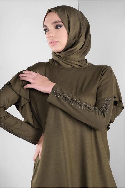 TRENDTESETTÜR Women's Khaki Stone Printed Ruffle Tunic 41293