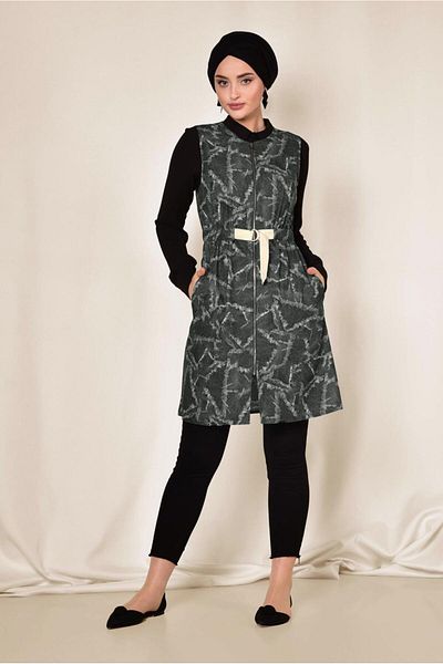 TRENDTESETTÜR Women's Gray Gathered Waist Patterned Vest 4981