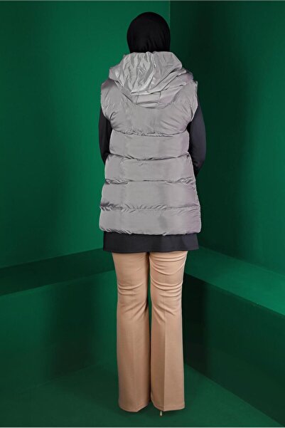 TRENDTESETTÜR Women's Gray Puffer Vest with Gathered Waist Pockets 1010