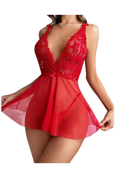 Emsay Store Fancy Red Lace Sexy Dress with See-Through Tulle Skirt Nightgown Bc3267