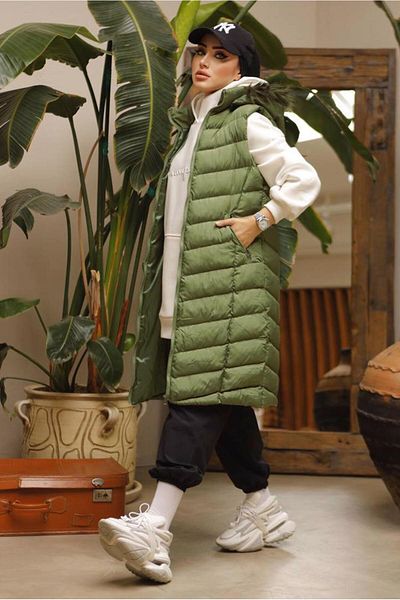 TRENDTESETTÜR Women's Khaki Pocket Hooded Puffer Vest 4429