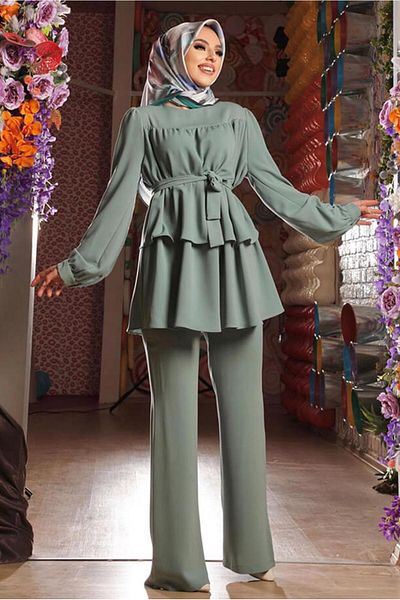 TRENDTESETTÜR Women's Green (MINT) Waist Belted Double PantsTeam 2438