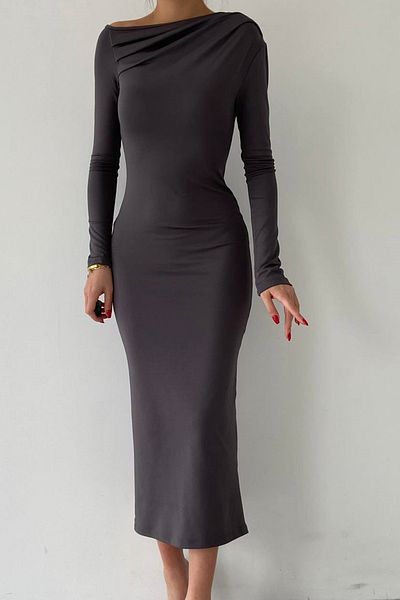 WOMAN VISION Rochie midi cu mâneci lungi, cu umăr dezactivat, cu microțesătură elastică afumată 199