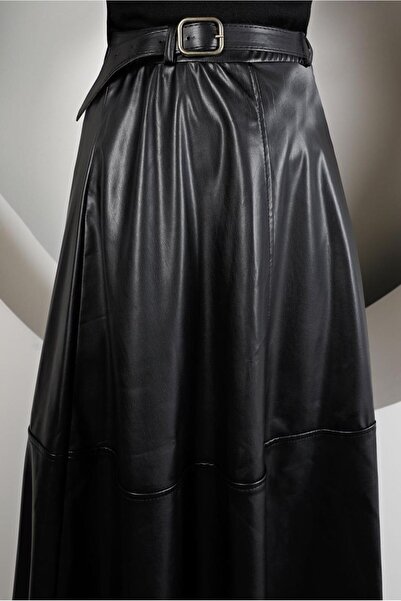 TRENDTESETTÜR Women's Black Belted Leather Skirt 4611