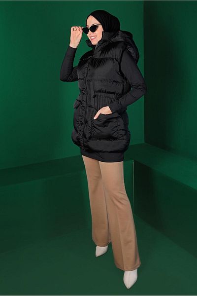 TRENDTESETTÜR Women's Black Puffer Vest with Gathered Waist Pockets 1010